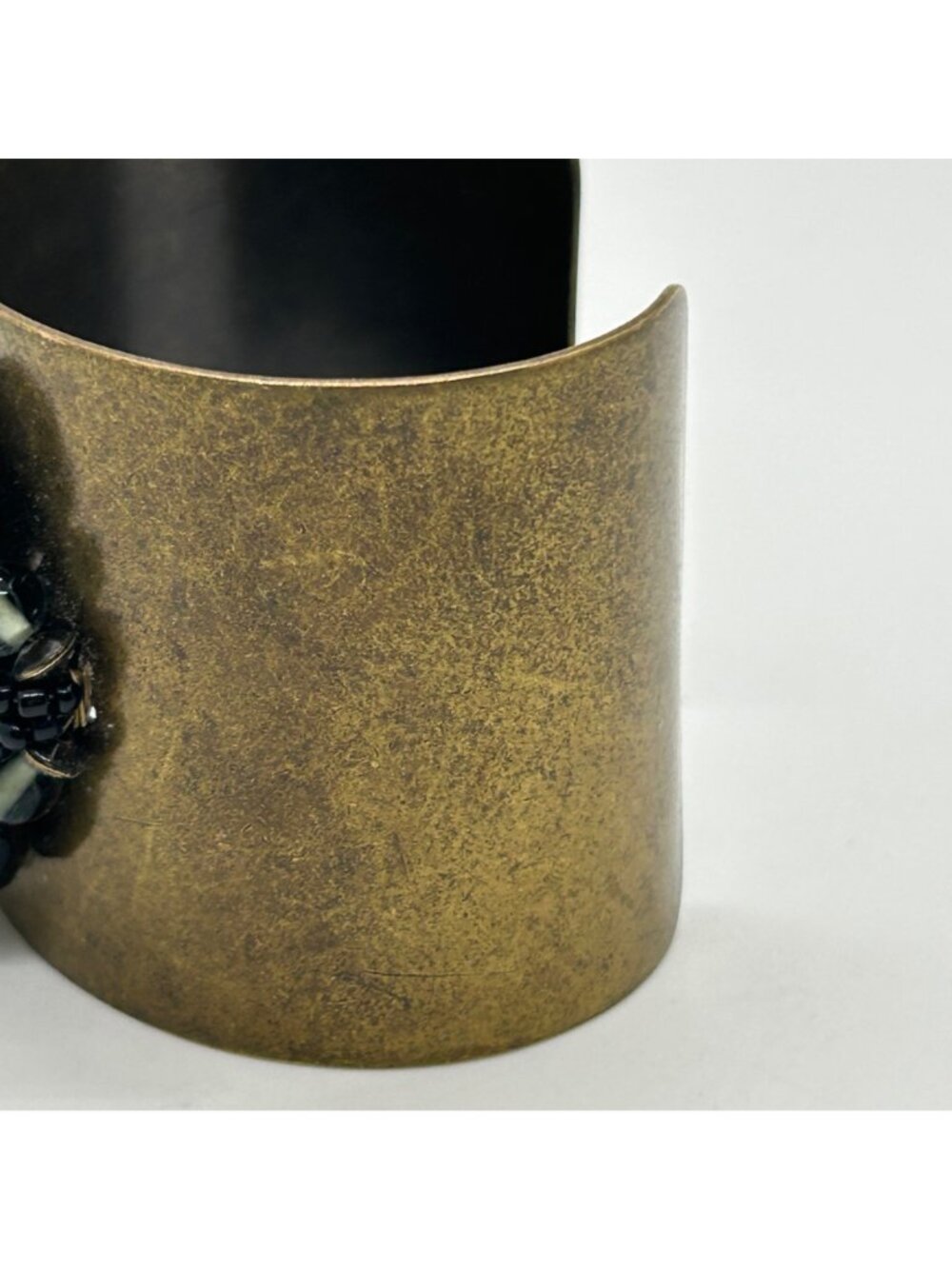 Vintage Brass Wide Cuff Bracelet Black Gold Beaded Cluster Boho Statement - Picture 4 of 11